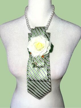 Pearl Necklace with Green Striped Tie Pendant and White Rose